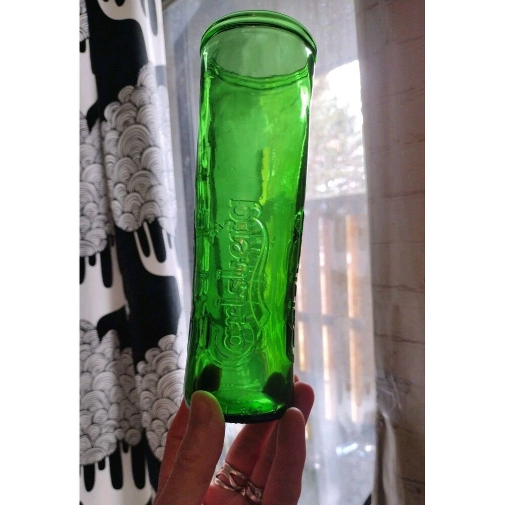 Carlsberg Tall Beer Glass - Embossed Raised Logo Upcycled Green Glass 7.5"
